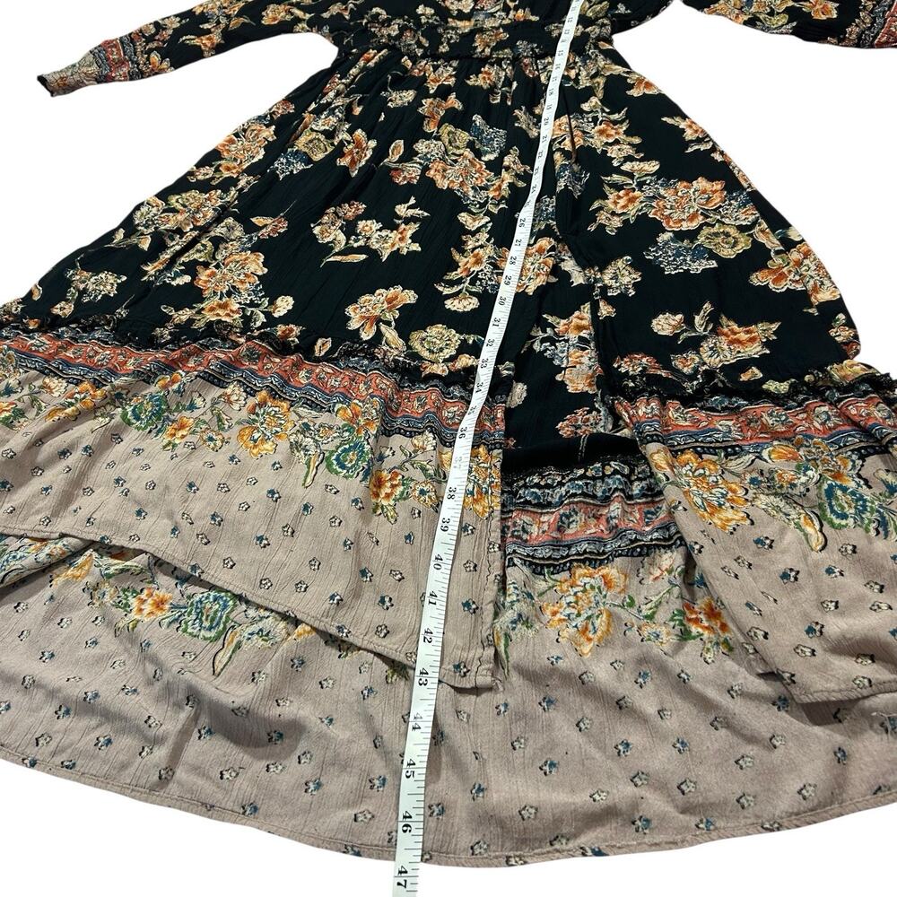 ANGIE Women’s Black Midi Dress Sz L Flowy Boho Floral High Low Smocked Slit - Picture 13 of 16